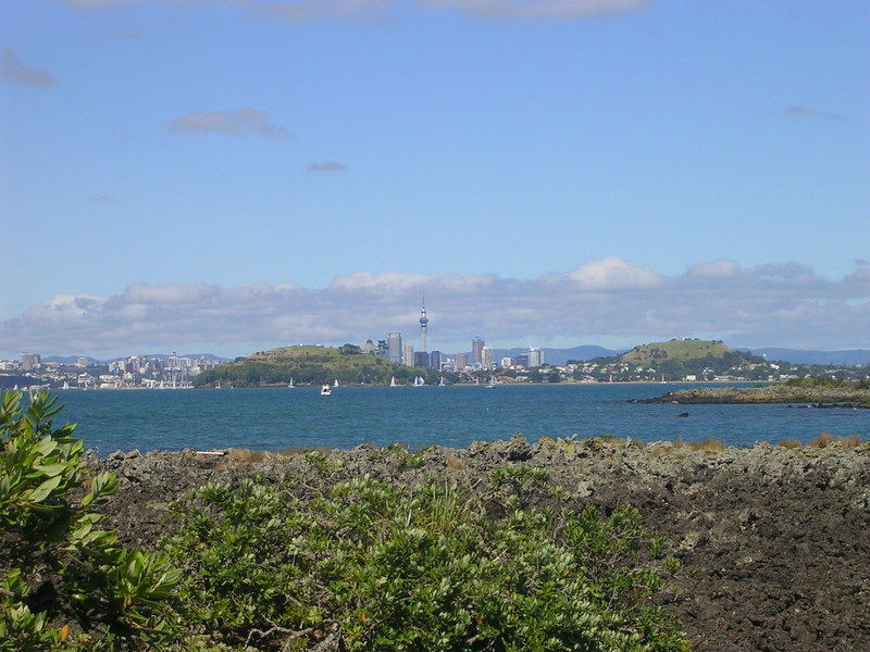 Blick auf Auckland mit den beiden Vulkanen auf der Halbinsel Devonport im Vordergrund